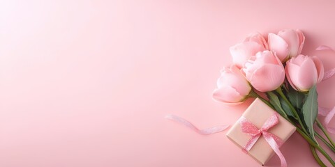 Fototapeta premium A charming bouquet of pink tulips adorned with a lovely pink ribbon, set against a soft pink background, radiates love and affection for Valentine's Day.