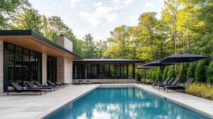 A tranquil swimming pool with lounge chairs and umbrellas, beside a modern house in the morning.