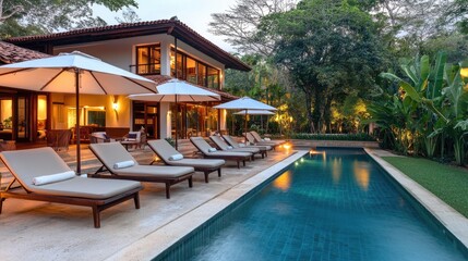 Fototapeta premium A tranquil swimming pool with lounge chairs and umbrellas, beside a modern house in the morning.