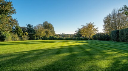 Fototapeta premium A lush green lawn stretching out under a clear blue sky, with dew-covered grass glistening in the early morning light, creating a peaceful and serene atmosphere.