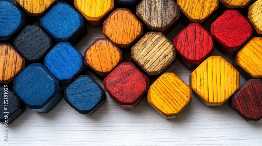 Poster colorful wooden hexagonal blocks arranged in an aesthetic pattern on a light background for creative