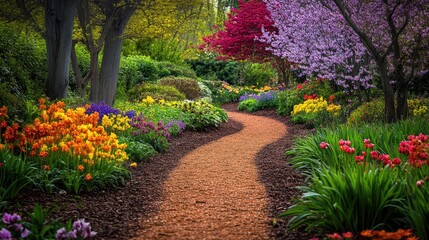Naklejka premium A vibrant garden pathway surrounded by colorful spring blooms and greenery.
