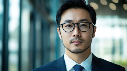 Fototapeta premium Portrait of a serious Asian businessman in glasses and a business suit, set against the backdrop of a modern office environment.