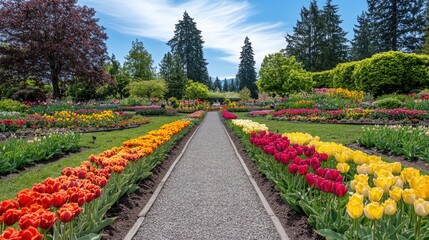 Obraz premium A vibrant tulip garden with rows of colorful blooms in perfect symmetry.