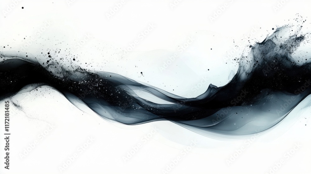 Poster ethereal black and white abstract wave with soft transparency, floating particles, and elegant motio