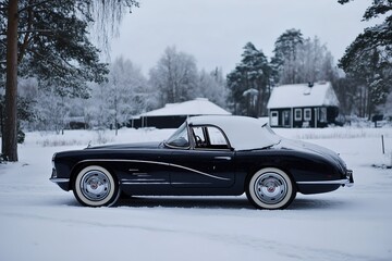  Classic black convertible car parked in a snowy winter landscape