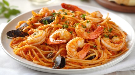 An elegant plate of seafood pasta on a white tablecloth with clean negative space.