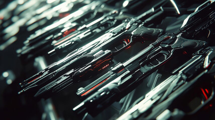 A futuristic weapons showcase displaying plasma rifles, energy swords, and high-tech grenades, all glowing with neon accents in a sleek sci-fi environment with holographic interfaces and ambient light
