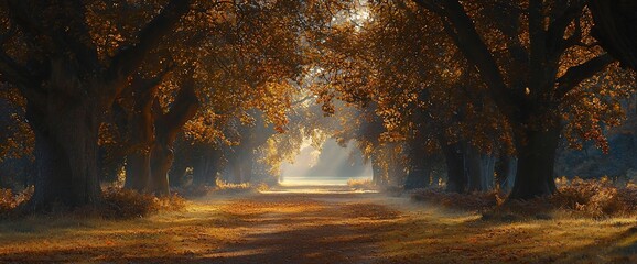Fototapeta premium Sunlit autumn path through a golden forest.