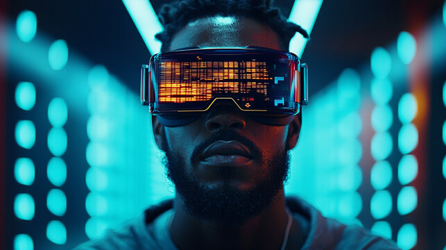 Man wearing futuristic VR headset, neon lights.