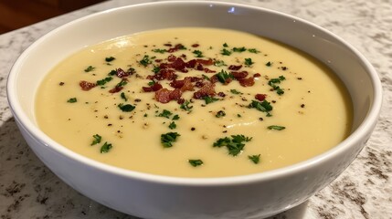 A bowl of creamy cauliflower soup garnished with crispy bacon bits and fresh parsley, placed on a clean white table with copy space.