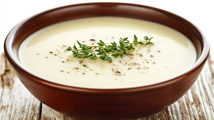 A bowl of creamy mushroom soup garnished with fresh thyme leaves, placed on a rustic wooden table.