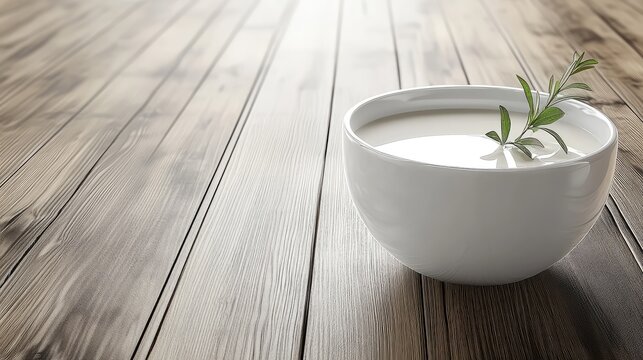 A bowl of creamy mushroom soup garnished with fresh thyme leaves, placed on a rustic wooden table. - Powered by Adobe