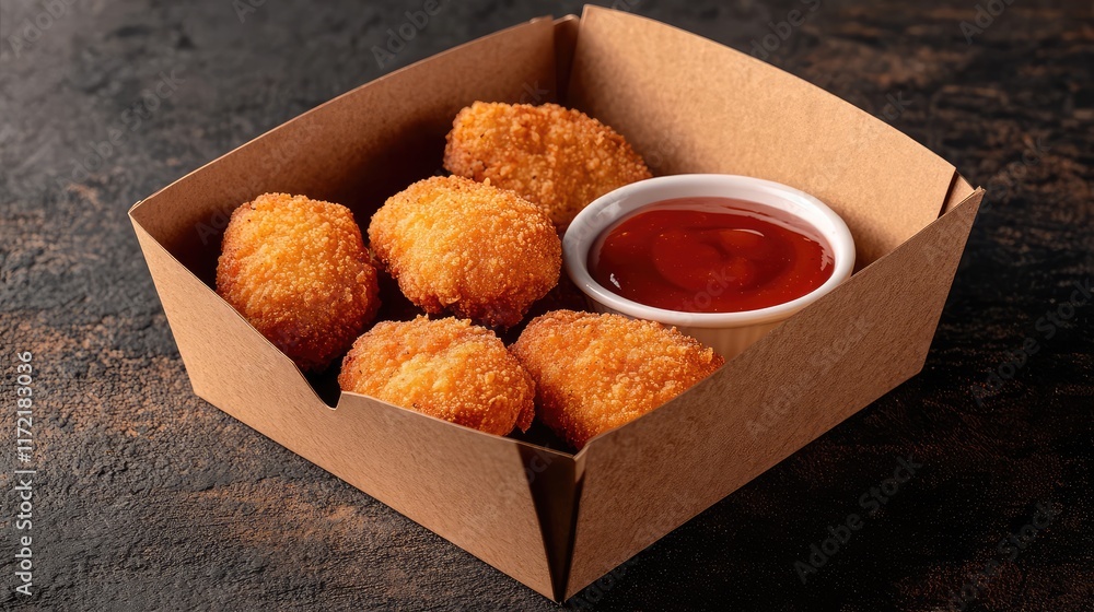 Aufkleber a box of fried chicken wings with a dipping sauce, placed on a rustic surface with space for copy.
