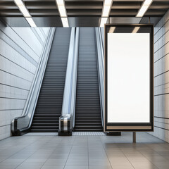 Blank white banner at subway station. Mock up blank advertising billboard near escalator in building, Empty space to insert advertisement or information created with generative ai -