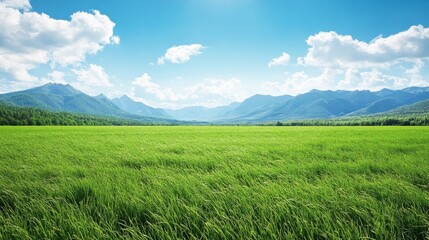 Fototapeta premium A sprawling field of soft, green grass gently swaying in the breeze with distant mountains and a clear sky as a picturesque backdrop, evoking a sense of calm and tranquility.
