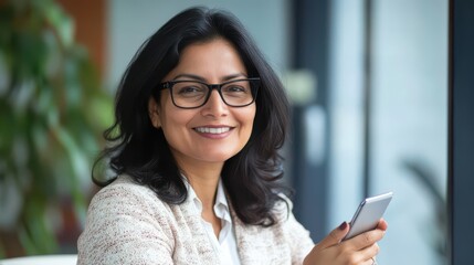 Professional Woman Smiling with Smartphone in Modern Office