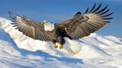 Fototapeta premium Majestic bald eagle in flight over snowy mountains.