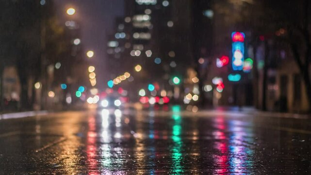 It's raining in a city at night. Various lights in a big city, such as car headlights, street lamps, traffic lights, and buildings, are blurred. These lights are reflected on the wet road.