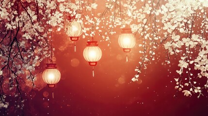 A clean gradient red background featuring glowing lanterns and delicate cherry blossoms, symbolizing the celebration of Chinese New Year.