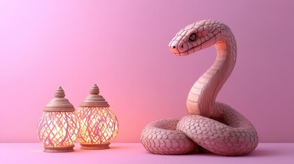 Fototapeta premium Wooden Snake and Illuminated Lanterns on Pink Background