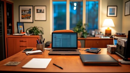 Laptop on Desk in Evening Office Setting