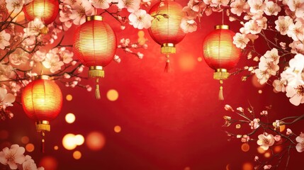 A clean red and gold gradient background adorned with delicate cherry blossoms, glowing lanterns, and ample negative space.