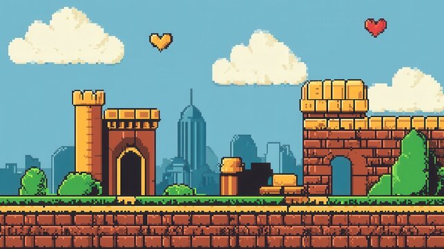 Retro 8-bit pixel art game interface background, evoking nostalgia with its classic video game aesthetics.