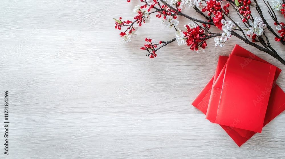 Poster a clean setup of symbolic red envelopes and decorative flowers on a light wooden table with ample ro