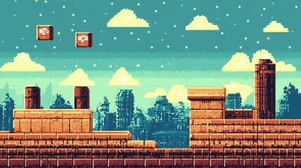 Retro 8-bit pixel art game interface background, evoking nostalgia with its classic video game aesthetics.