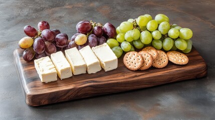 A clean setup of vegan cheese blocks made from cashews, arranged on a wooden board with grapes and crackers, on a rustic background with ample negative space.
