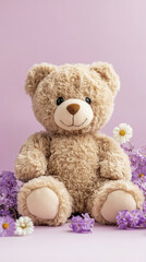 Obraz premium soft teddy bear surrounded by colorful flowers on pastel purple background, evoking sense of warmth and comfort. Perfect for children decor or gifts