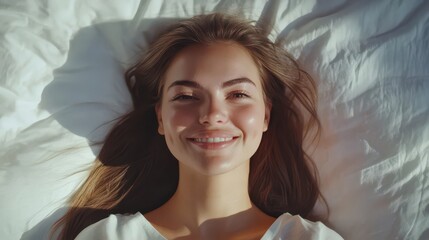 Joyful Woman Smiling in Bed with Soft Linens