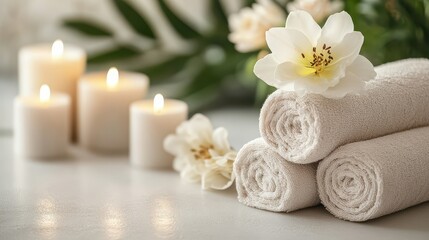 Roll-up towels paired with candles and flowers create a serene and luxurious atmosphere for a massage spa treatment, promoting relaxation, wellness, and healthy skin practices.
