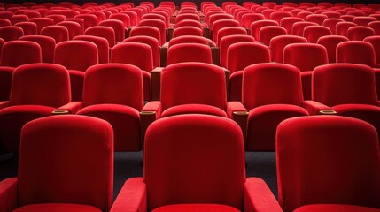 Fototapeta premium Rows of red cinema or theatre seats arranged neatly against a plain background, evoking a sense of anticipation and readiness for a performance or film.