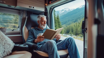 Fototapeta premium An elderly man relaxing in a comfortable chair inside a modern RV, reading a book with a cup of coffee, surrounded by peaceful nature on a road trip.