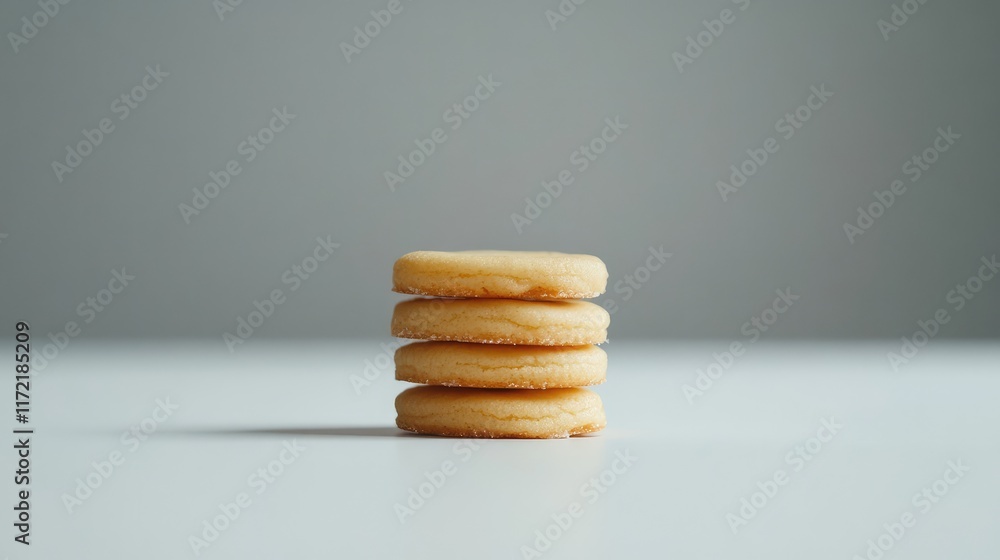 Poster a close-up of a stack of butter cookies, placed on a clean white table with negative space.