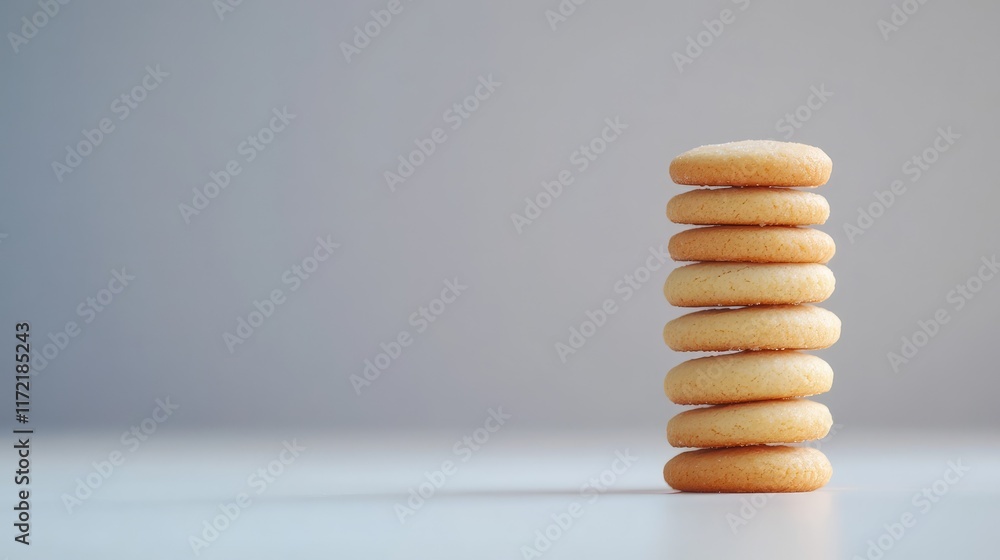 Poster a close-up of a stack of butter cookies, placed on a clean white table with negative space.
