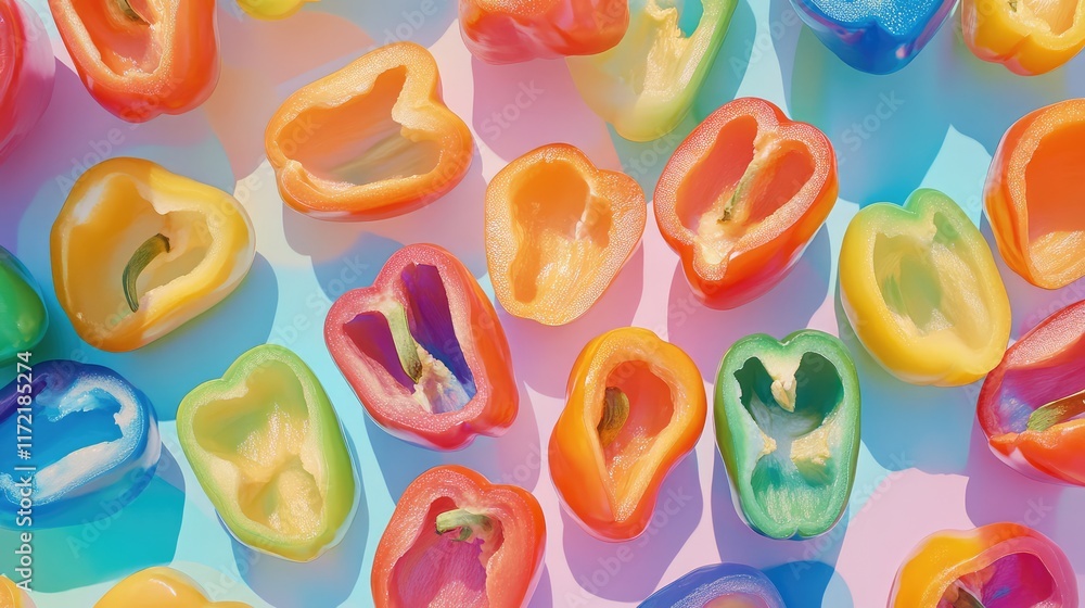 Aufkleber a close-up of colorful bell peppers sliced in half and arranged on a pastel background with copy spa