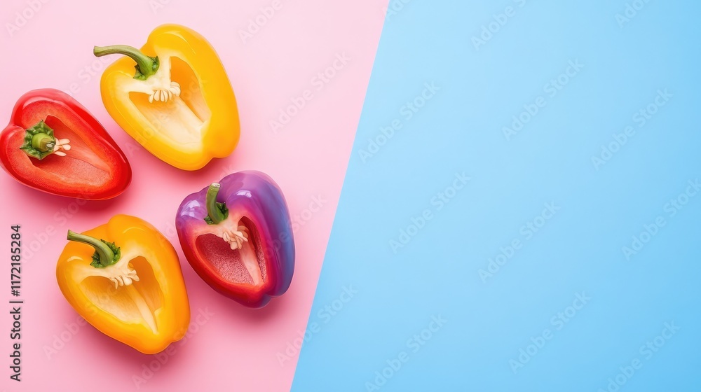 Poster a close-up of colorful bell peppers sliced in half and arranged on a pastel background with copy spa