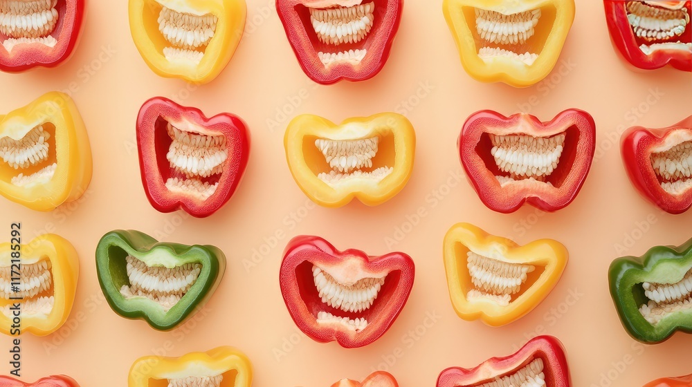 Poster a close-up of colorful bell peppers sliced in half and arranged on a pastel background with copy spa