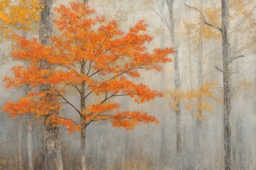 Autumnal fog in a tranquil forest with an orange tree.