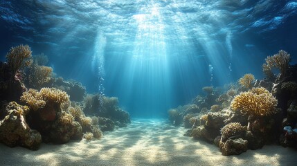 Fototapeta premium Serene Underwater Scene with Sunlight Rays Shining Through Ocean Surface, Highlighting Vibrant Coral Reefs and Marine Life in Clear Tropical Waters
