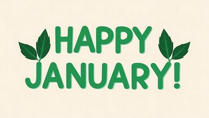 Happy January greeting with green leaves