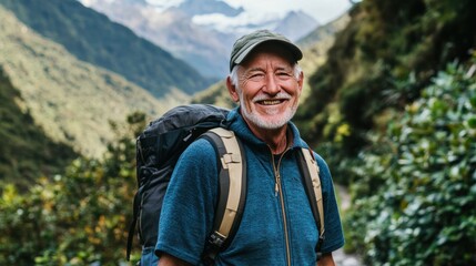 An elderly man with a backpack, smiling and walking along a scenic hiking trail, surrounded by mountains and lush greenery, enjoying his travel adventure.
