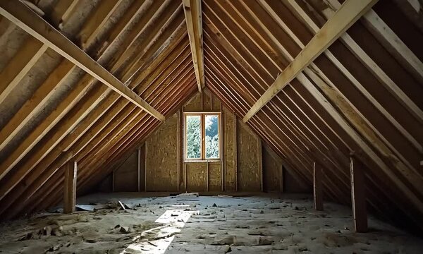 A spacious, unfinished attic with wooden beams and a single window, allowing natural light to illuminate the dusty floor, suggesting potential for storage or renovation.