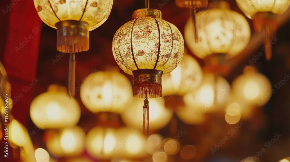 Poster a close-up of glowing chinese lanterns with intricate details, placed on a clean red backdrop with a