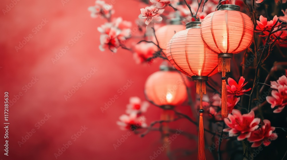 Aufkleber a close-up of glowing chinese lanterns with intricate details, placed on a clean red backdrop with a