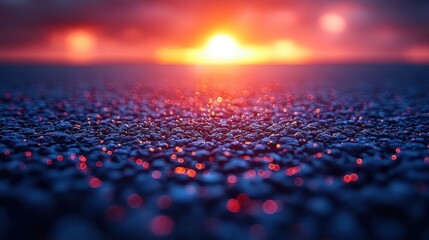 Fototapeta premium Captivating Close-up of Dewy Surface with Colorful Bokeh During Sunset, Showcasing Stunning Reflections and Warm Hues Against a Dramatic Sky