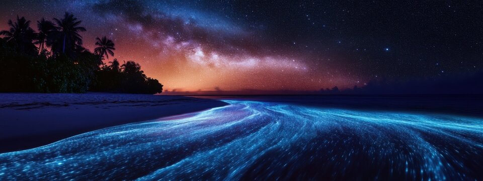 A surreal image of the bioluminescent waves washing ashore at Vaadhoo Island, Maldives, under the Milky Way galaxy
